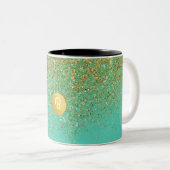 Gold Glitter en Blauwgroen Aqua Glam - aangepast m Tweekleurige Koffiemok (Voorkant rechts)