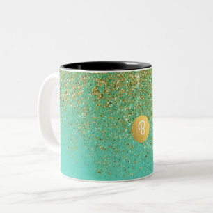 Gold Glitter en Blauwgroen Aqua Glam - aangepast m Tweekleurige Koffiemok