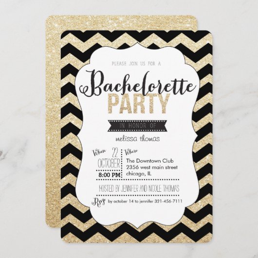 Gold Glitter en Chevron Bachelorette Uitnodiging (Voorkant / Achterkant)
