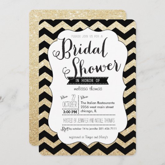 Gold Glitter en Chevron Bridal Shower Invitation Kaart (Voorkant / Achterkant)