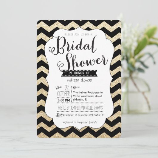 Gold Glitter en Chevron Bridal Shower Invitation Kaart (Staand voorkant)