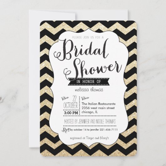 Gold Glitter en Chevron Bridal Shower Invitation Kaart (Voorkant)