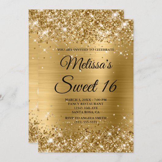 Gold Glitter en Folie Sweet 16 Fancy Monogram Kaart (Voorkant / Achterkant)