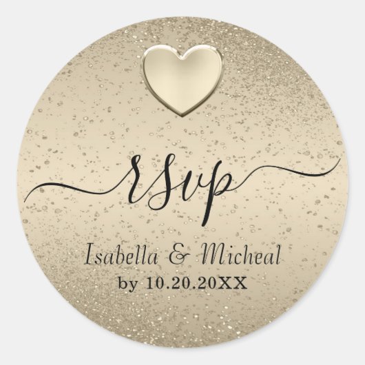 Gold Glitter en Gold Heart - RSVP Ronde Sticker (Voorkant)