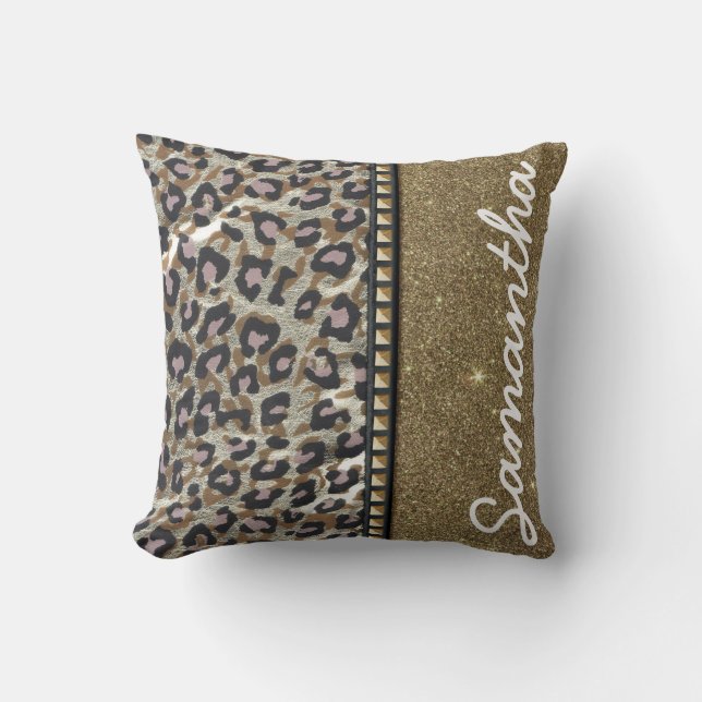 Gold Glitter en Leopard Monogram Kussen (Voorkant)