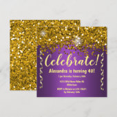 Gold Glitter en Metallic Paars 40th Birthday Kaart (Voorkant / Achterkant)