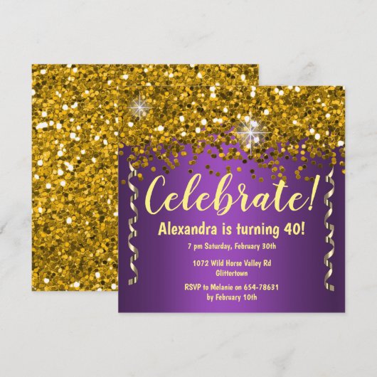 Gold Glitter en Metallic Paars 40th Birthday Kaart (Voorkant / Achterkant)