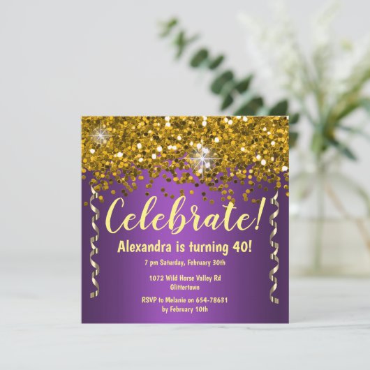 Gold Glitter en Metallic Paars 40th Birthday Kaart (Staand voorkant)