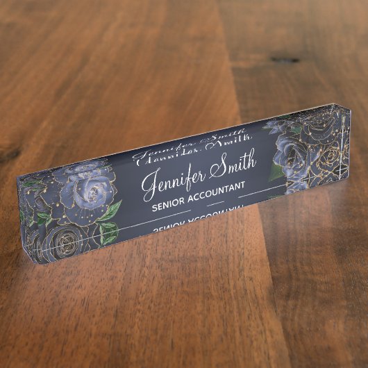 Gold Glitter en Navy Blue Glam Rozen Naambordje (Zijkant)