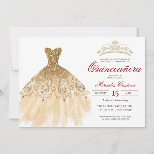 Gold Glitter en Red Simple Elegant Quinceañera Kaart (Voorkant)