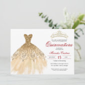 Gold Glitter en Red Simple Elegant Quinceañera Kaart (Staand voorkant)