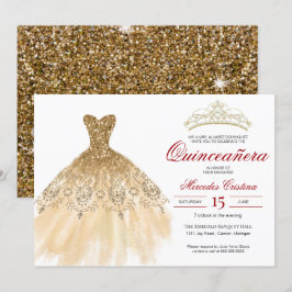 Gold Glitter en Red Simple Elegant Quinceañera Kaart