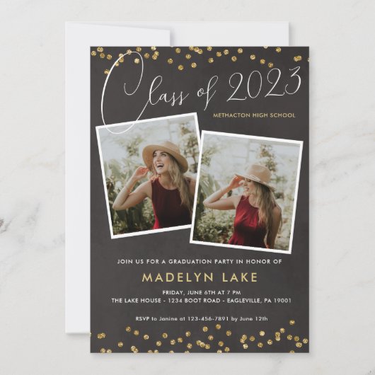 Gold Glitter en Script Vertical Photo Afstuderen Kaart (Voorkant)