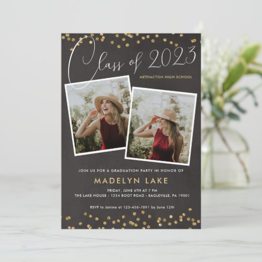 Gold Glitter en Script Vertical Photo Afstuderen Kaart (Staand voorkant)