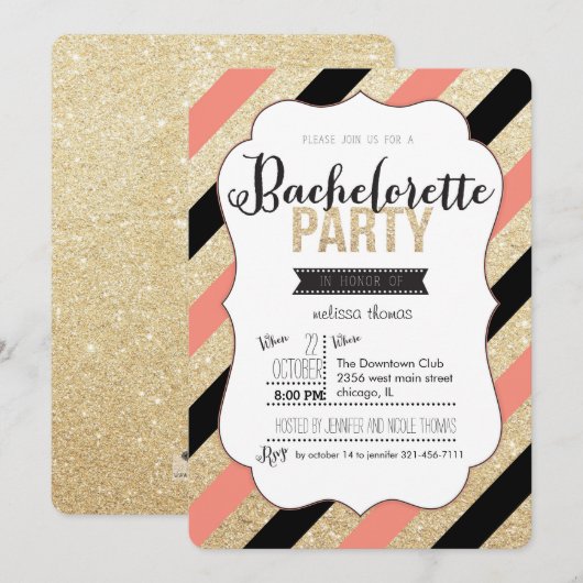 Gold Glitter en Stripes Bachelorette Uitnodiging (Voorkant / Achterkant)
