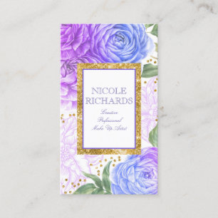 Gold Glitter en Waterverf Blauw en Paarse Bloemen Visitekaartje