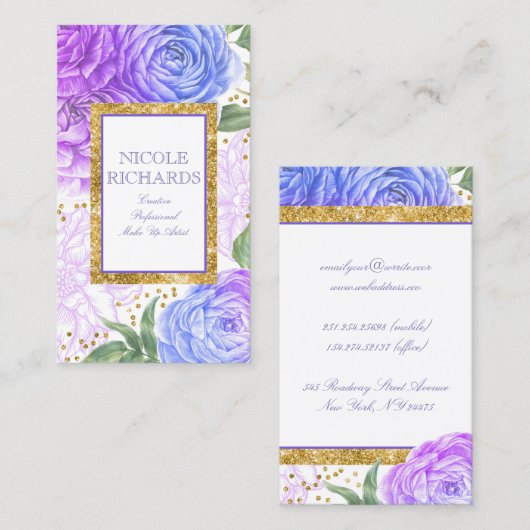 Gold Glitter en Waterverf Blauw en Paarse Bloemen Visitekaartje (Voorkant / Achterkant)