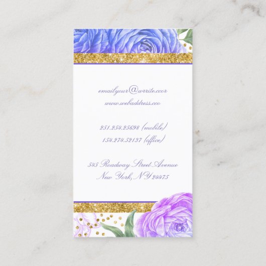 Gold Glitter en Waterverf Blauw en Paarse Bloemen Visitekaartje (Achterkant)