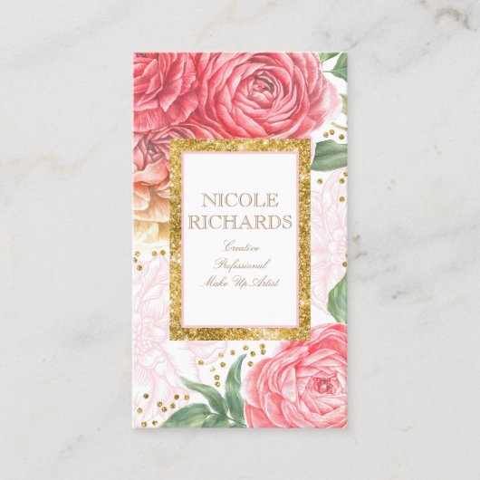 Gold Glitter en Waterverf Roze Bloemen  Visitekaartje (Voorkant)