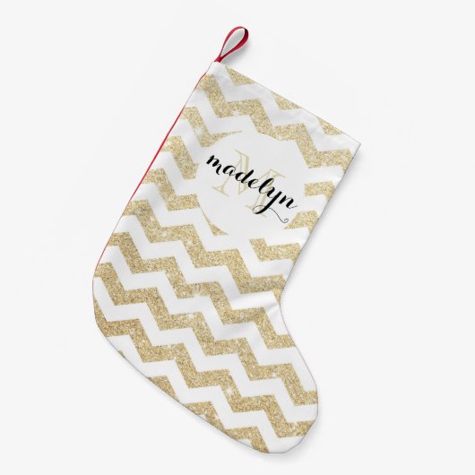 Gold Glitter en White Chevron Monogram Stocking Kleine Kerstsok (Voorkant (Hangend))