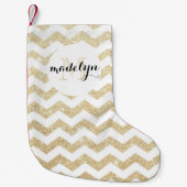 Gold Glitter en White Chevron Monogram Stocking Kleine Kerstsok (Voorkant)