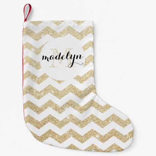Gold Glitter en White Chevron Monogram Stocking Kleine Kerstsok (Voorkant)