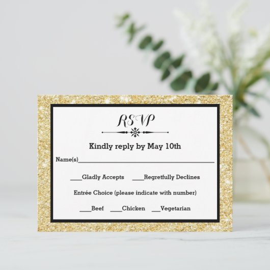 Gold Glitter en zwart Lijst - RSVP-reactiekaart RSVP Kaartje (Staand voorkant)