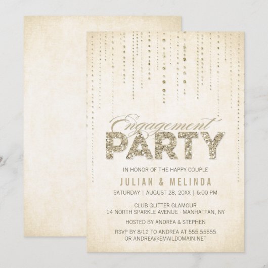 Gold Glitter Engagement Party - Uitnodiging (Voorkant / Achterkant)