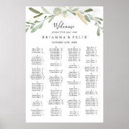Gold Glitter Eucalyptus Alfabetical Seat Chart Poster