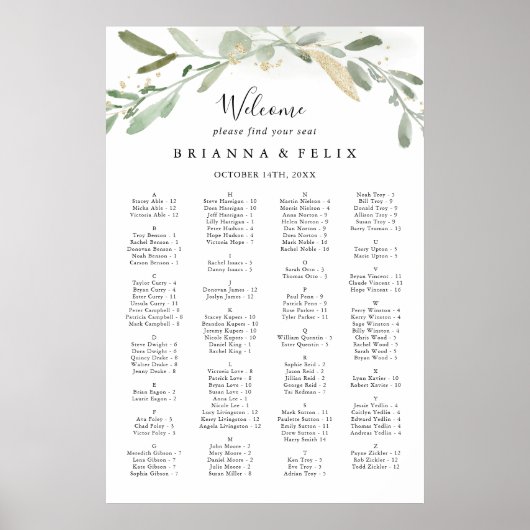 Gold Glitter Eucalyptus Alfabetical Seat Chart Poster (Voorkant)