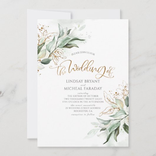 Gold Glitter Eucalyptus Greenery Elegant Wedding Kaart (Voorkant)