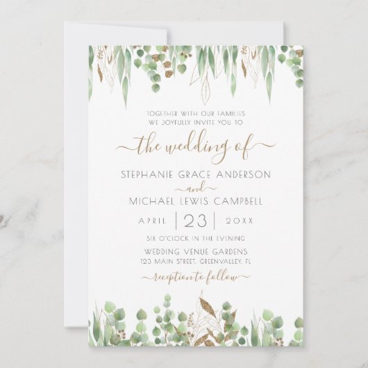 Gold Glitter Eucalyptus Greenery Wedding Kaart (Voorkant)