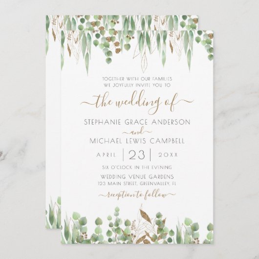 Gold Glitter Eucalyptus Greenery Wedding Kaart (Voorkant / Achterkant)