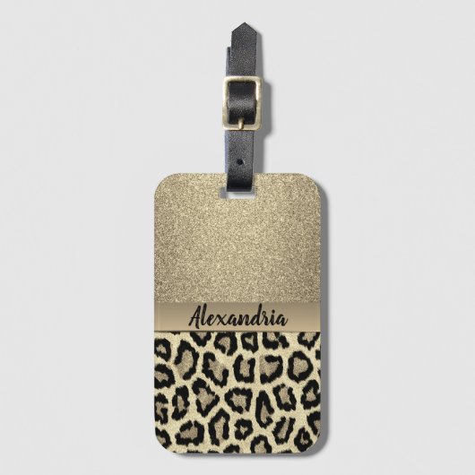 Gold Glitter Exotic Leopard Print Bagagelabel (Voorkant (verticaal))