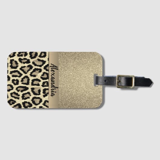 Gold Glitter Exotic Leopard Print Bagagelabel (Voorkant (horizontaal))