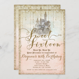 Gold Glitter Fairytale Storybook Castle Sweet 16 Kaart