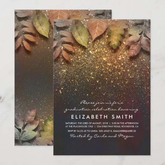 Gold Glitter  Fall Leaves Afstuderen Kaart (Voorkant / Achterkant)