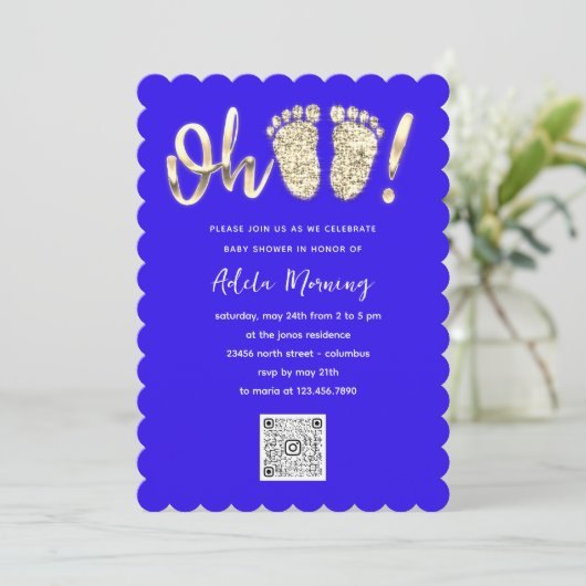 Gold Glitter Feet Baby Girl QR CODE Royal Blue Kaart (Staand voorkant)