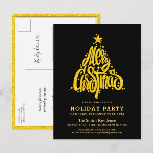 Gold Glitter Festive Black kerstfeestdag Uitnodiging Briefkaart (Voorkant / Achterkant)