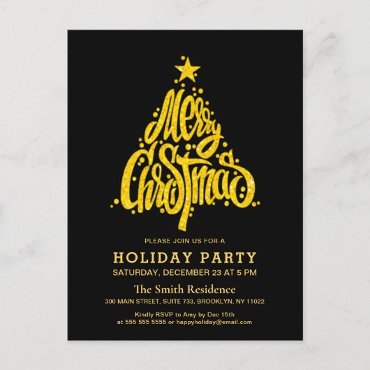 Gold Glitter Festive Black kerstfeestdag Uitnodiging Briefkaart (Voorkant)