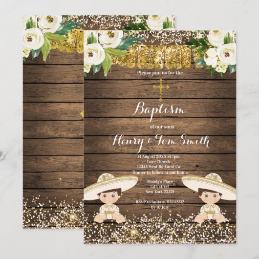 Gold Glitter Fiesta Boy Twin Baptism Christening Kaart (Voorkant / Achterkant)