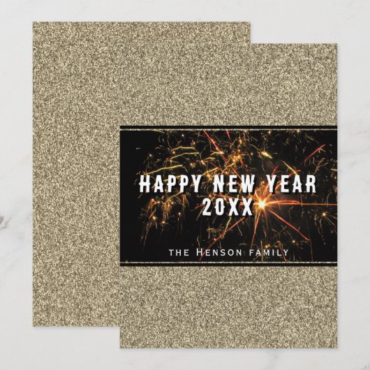 Gold Glitter Fireworks Happy Nieuwjaar 2023 Feestdagenkaart (Voorkant / Achterkant)