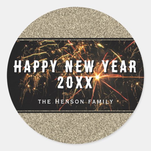 Gold Glitter Fireworks Happy Nieuwjaar 2023 Ronde Sticker (Voorkant)