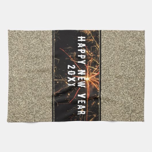 Gold Glitter Fireworks Happy Nieuwjaar 2023 Theedoek (Horizontaal)