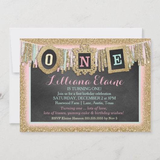 Gold Glitter First Birthday Banner Kaart (Voorkant)