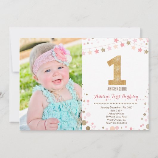 Gold Glitter First Birthday Invitation Kaart (Voorkant)