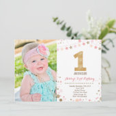 Gold Glitter First Birthday Invitation Kaart (Staand voorkant)