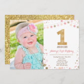 Gold Glitter First Birthday Invitation Kaart (Voorkant / Achterkant)