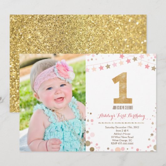 Gold Glitter First Birthday Invitation Kaart (Voorkant / Achterkant)