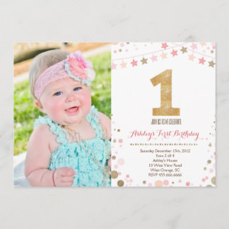 Gold Glitter First Birthday Invitation Kaart